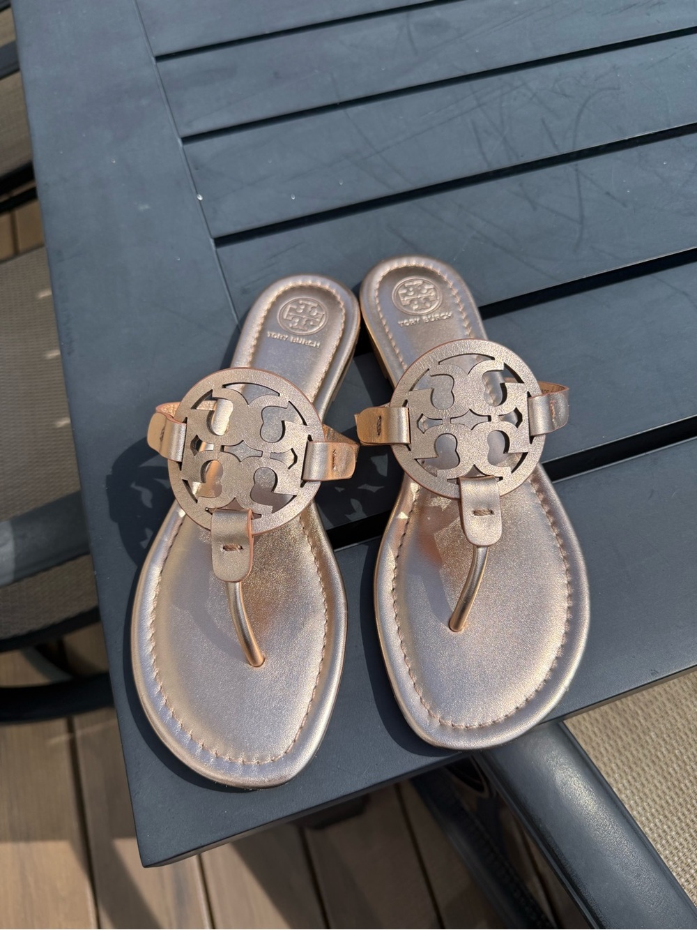 Tory Burch Rose Gold Logo Thong Sandals